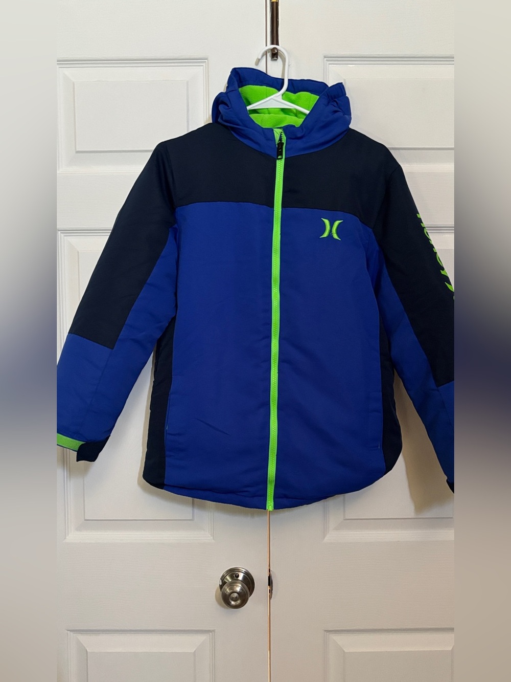 Hurley Boys Puffer Jacket Size L 14/16 Blue Green Fleece Lined Hooded Coat